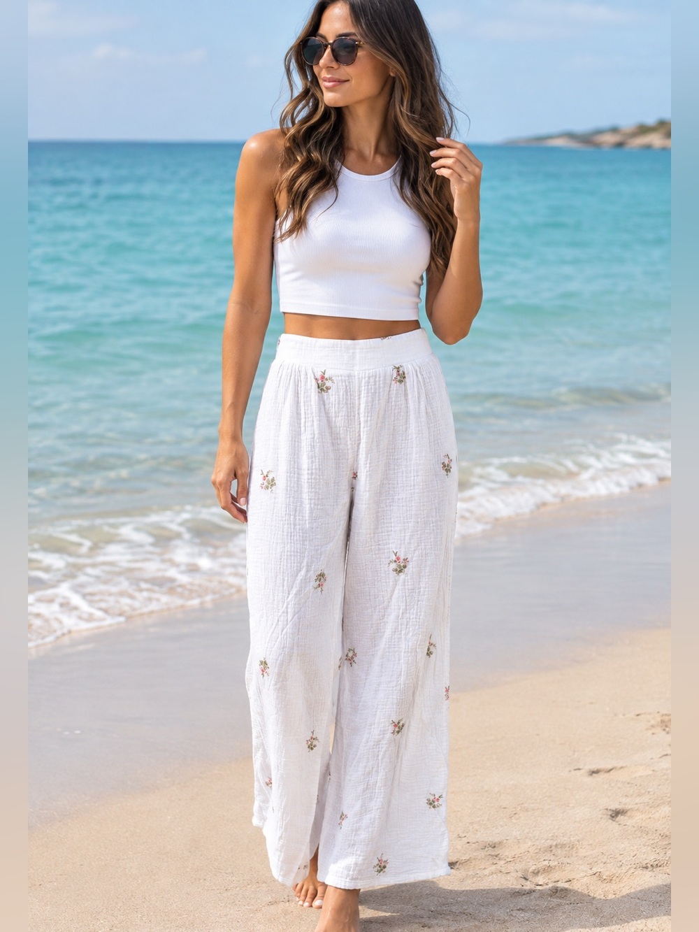 Nordstrom Women’s Floral Wide Leg Pants XS 100% Cotton White Gauze Beach Boho